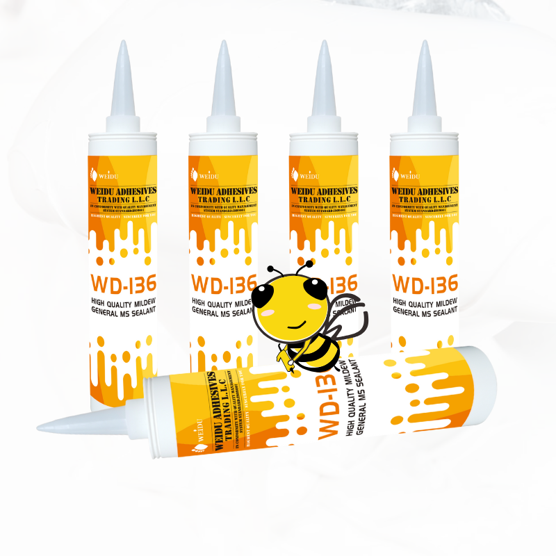 Five cartridge cartons of WD136 General Purpose MS Polymer Sealant - Mildew-Resistant -Main image, featuring WD Sealant's Brand Bee Engineer logo on top of one of the four cartridge cartons of sealant.