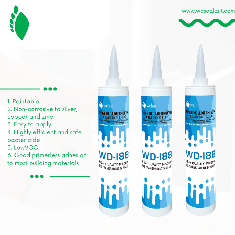 Three cartoons of WD188 MS Polymer Sealant with labels of the main features