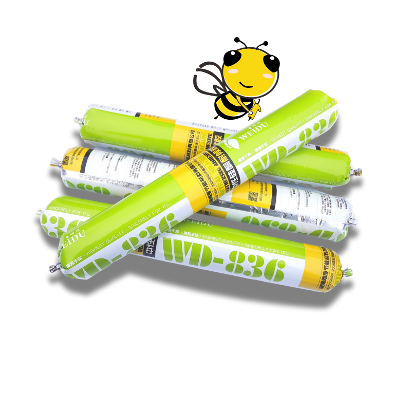 Four cartridge cartons of WD836 SR Silicone Sealant-UV & Heat Resistant, featuring WD Sealant's Brand Bee Engineer logo on top of one of the four cartridge cartons of sealant.