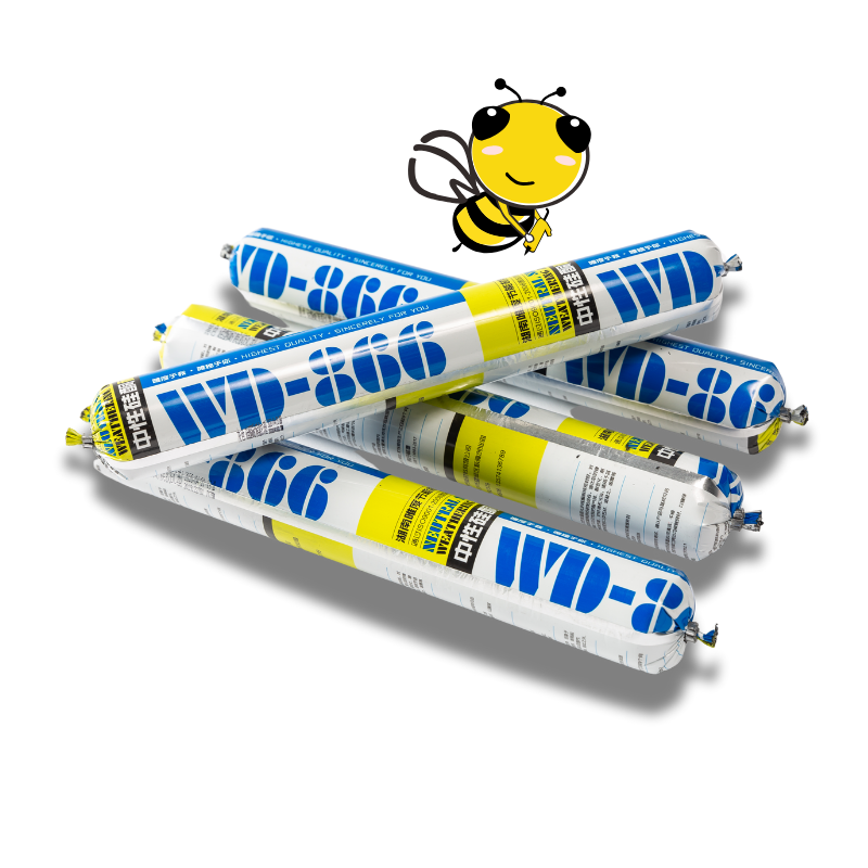 Four cartridge cartons of WD866 SR Silicone Sealant-UV & Heat Resistant, featuring WD Sealant's Brand Bee Engineer logo on top of one of the four cartridge cartons of sealant.