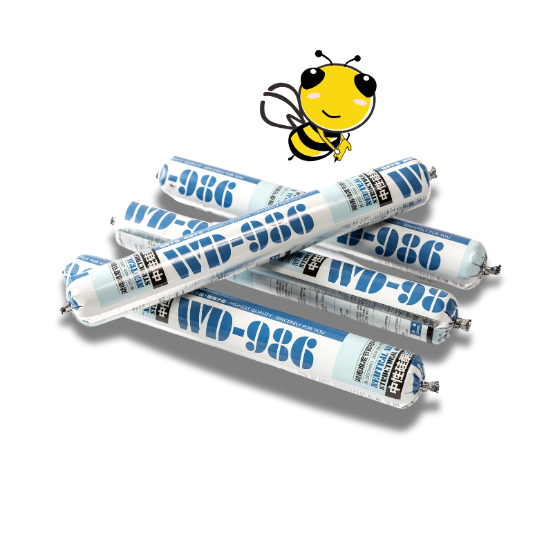 Four cartridge cartons of WD986 Structural Silicone Sealant for Curtain Walls, featuring WD Sealant's Brand Bee Engineer logo on top of one of the four cartridge cartons of sealant.