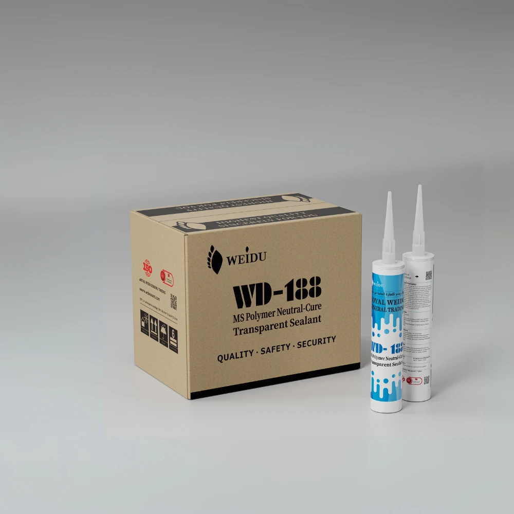 the key features of WD188, such as its transparency, non-corrosive properties, strong adhesion, mildew resistance, paintable finish, and low VOC emissions, using visual icons and concise descriptions.