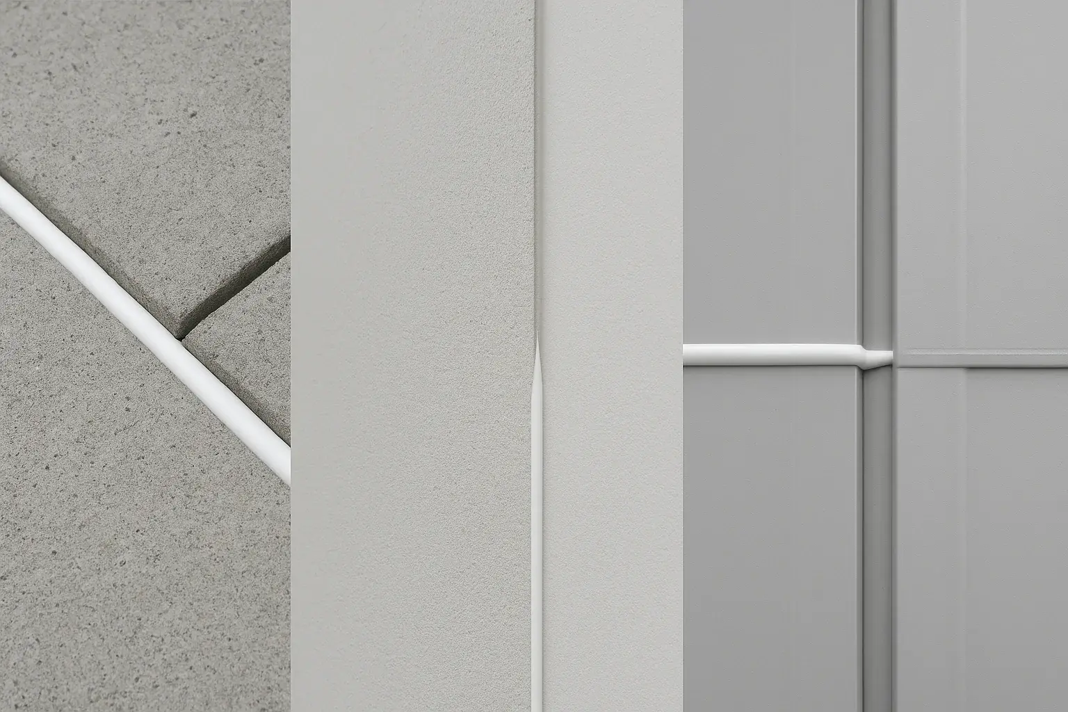White silicone applied to joints in concrete, a smooth wall, and metal panels, shown in three clean and minimal scenes.