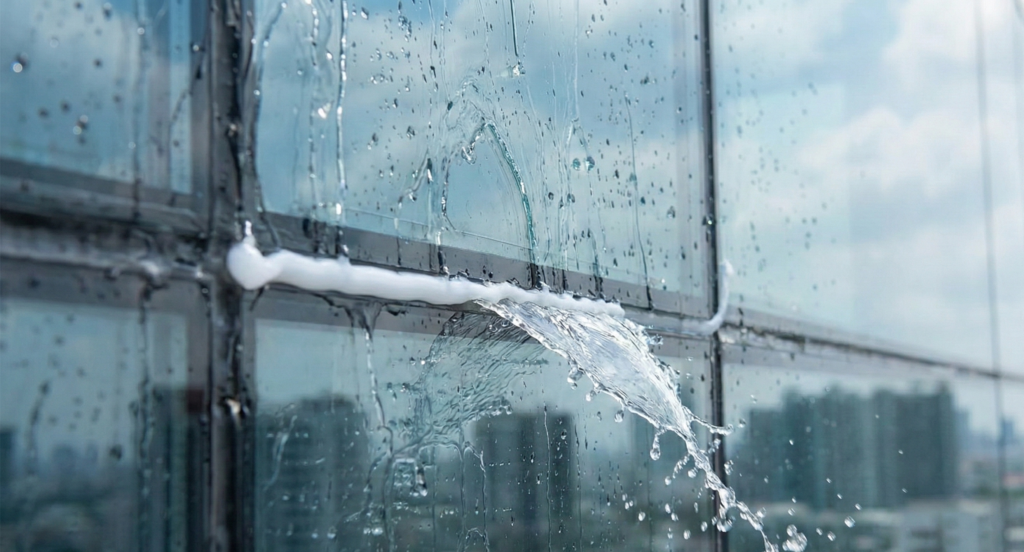 Close-up view of water splashing against a white bead of waterproof silicone sealant on a glass facade.