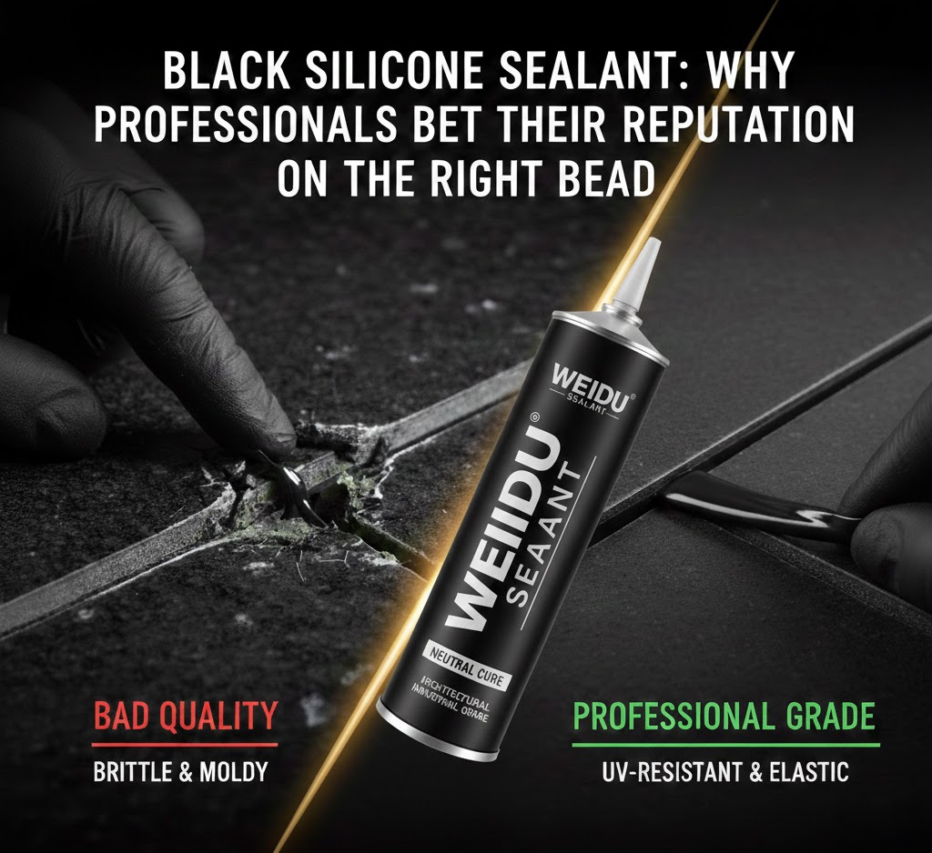 Comparison of black silicone sealant: a brittle and moldy low-quality joint versus a smooth, UV-resistant, and elastic professional-grade bead featuring a WEIDU neutral cure silicone tube.