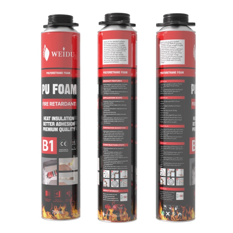 Three angles of the WEIDU B1 polyurethane foam can, showing the red and black front design, along with technical information panels, step-by-step instructions, and certifications.
