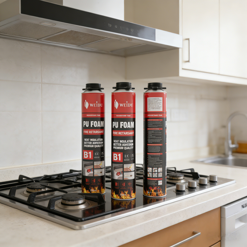 Two 750ml cans of WEIDU B1 fire retardant polyurethane foam next to their red and black commercial packaging box on a neutral background.