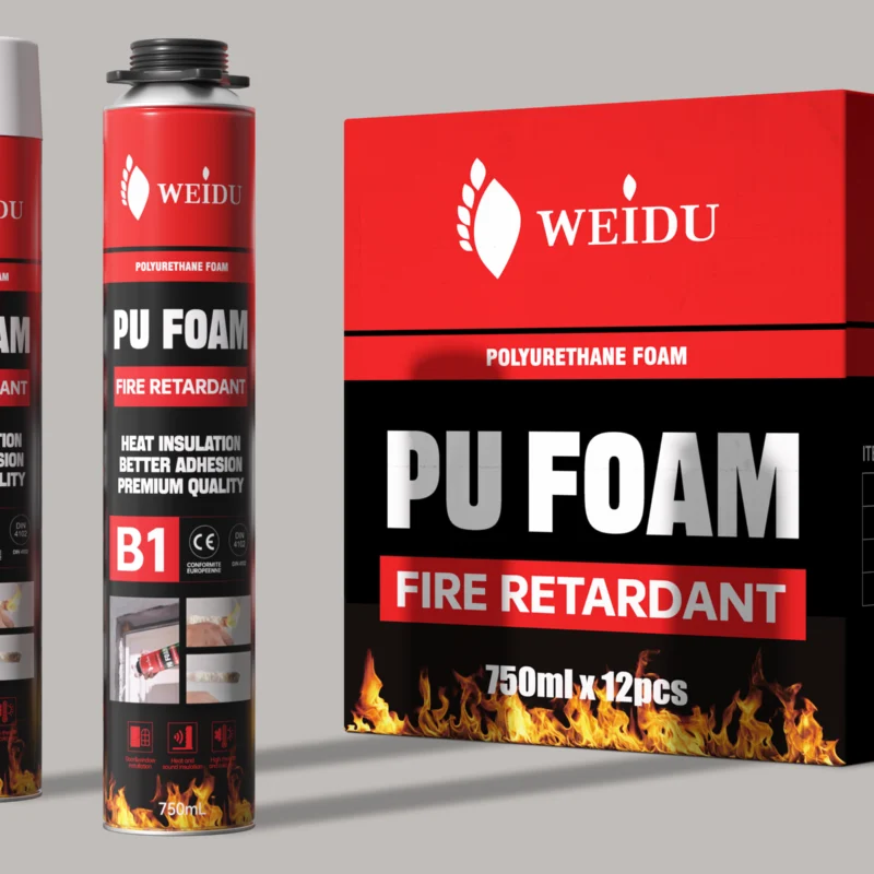 Two 750ml cans of WEIDU B1 fire retardant polyurethane foam next to their red and black commercial packaging box on a neutral background.