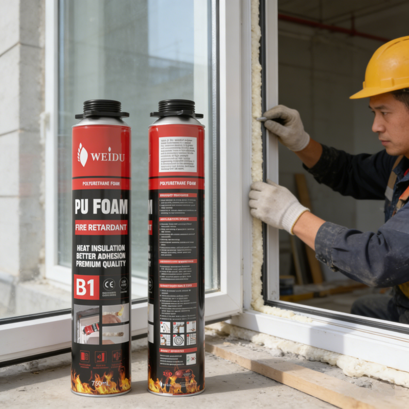 Two cans of WEIDU B1 foam in the foreground with a construction worker in the background wearing a yellow hard hat and gloves, applying insulating foam to a white window frame.