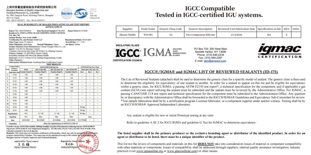 ASTM E 2190-19 test report and official IGCC certificate approving Hunan Weidu's WD-981 silicone sealant