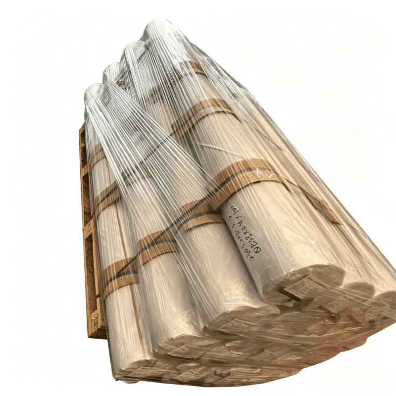 Stacked rolls of EVA interlayer film on a shipping pallet, wrapped in protective plastic.