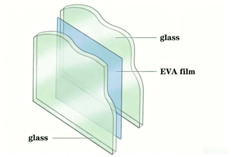 Diagram illustrating the laminated glass assembly process with two glass panels and an EVA film interlayer.