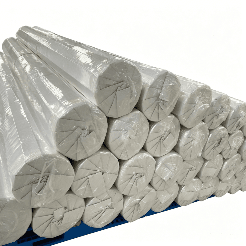Pallet of white EVA interlayer film rolls shrink-wrapped for logistics and storage.