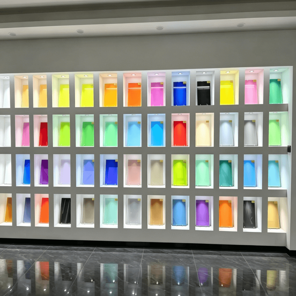 Showroom display wall featuring a diverse collection of colorful laminated glass samples using EVA Film for architectural design.