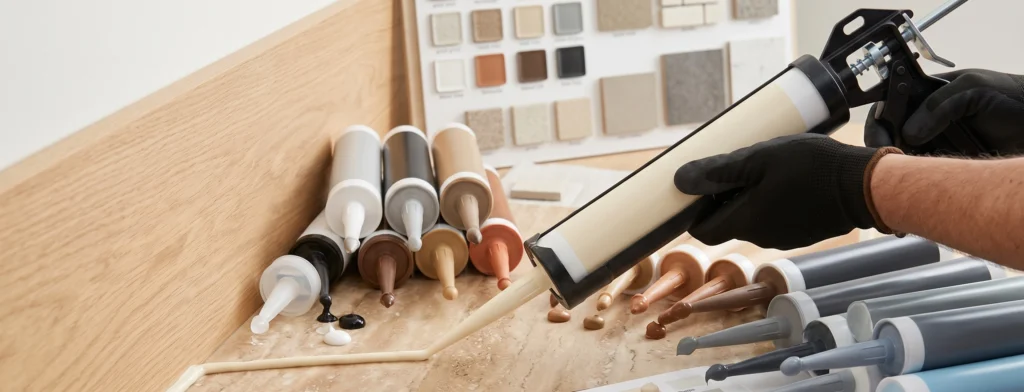 A professional applying custom cream silicone sealant on a stone countertop, surrounded by a color matching chart and multiple colored sealant tubes.